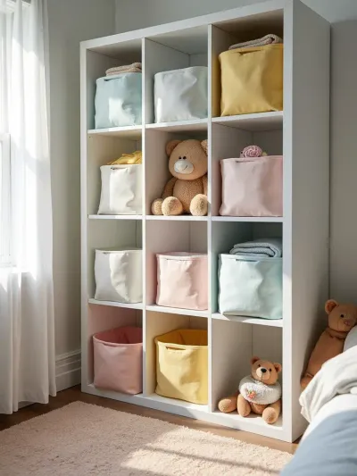 White shelving unit filled with colorful fabric storage cubes in a kids bedroom.