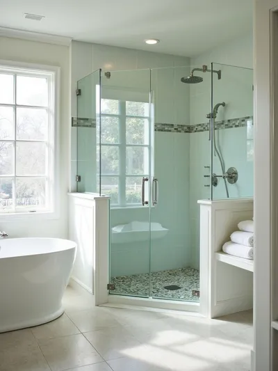 Luxury coastal bathroom walk-in shower featuring pebble tile floor and accent wall, rainfall showerhead, glass enclosure, and white bench, bathed in soft natural light.
