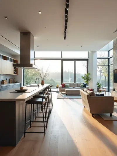 Open-concept contemporary kitchen and living space with a kitchen island and seamless flow.