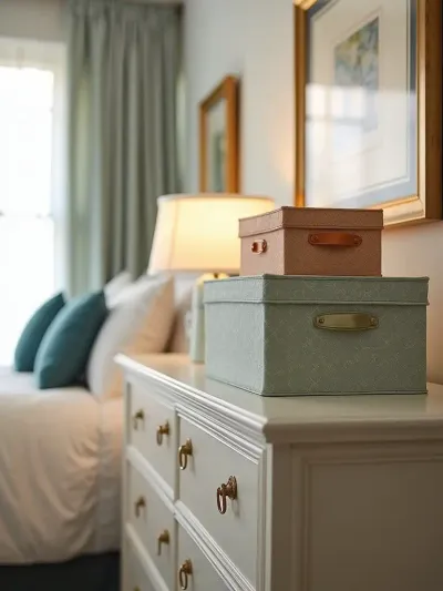 Stack of decorative patterned storage boxes on a dresser in a classic style bedroom.