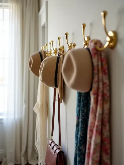 Decorative gold wall hooks displaying hats, handbags, and scarves on a bedroom wall.