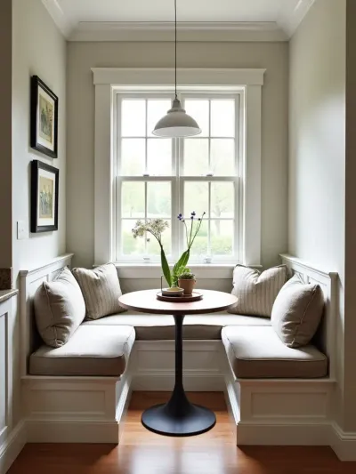 Cozy contemporary kitchen breakfast nook with built-in seating and natural light.