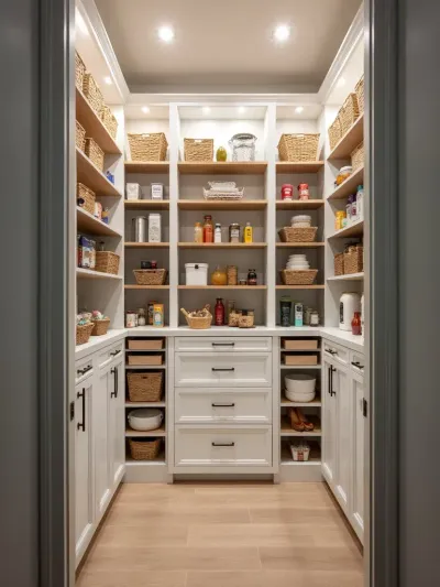 Functional and stylish contemporary walk-in pantry with organized shelving and storage.