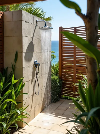 Luxurious coastal outdoor shower featuring stone tile, rainfall showerhead, wooden privacy screen, and lush tropical plants, with a bright ocean view in the background, bathed in sunlight.