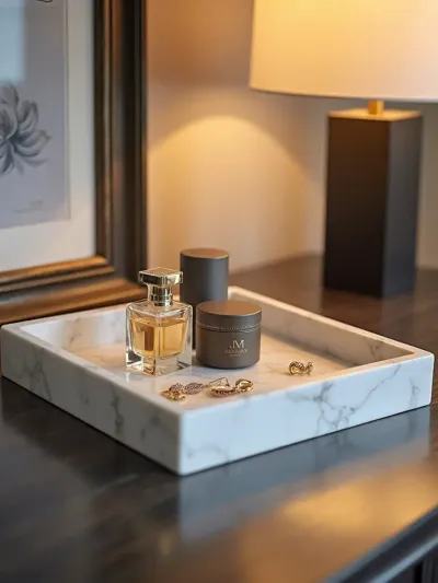 Marble dresser top tray organizing jewelry and perfumes on a dresser surface.