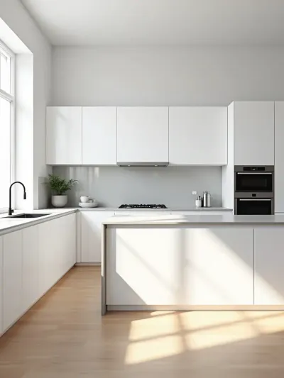 Minimalist contemporary kitchen with white cabinets, clean lines, and natural light.