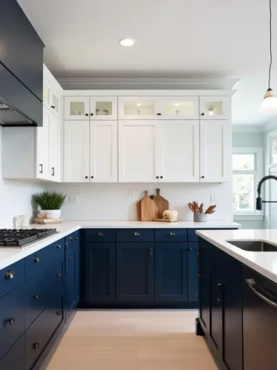 Contemporary kitchen with stylish two-tone cabinetry in white and navy blue.
