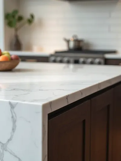 Contemporary kitchen island with a modern white quartz waterfall countertop.