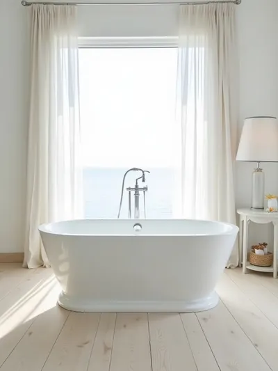 Bright and spacious coastal bathroom featuring a white freestanding tub in front of a large window with sheer curtains, complemented by light wood flooring and white walls, captured with a wide-angle lens.