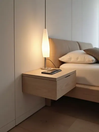 Light wood floating nightstand with drawer ajar in a minimalist bedroom setting.