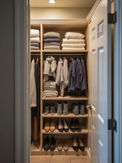 Hanging closet organizer with shelves for sweaters and shoes in a walk-in closet.