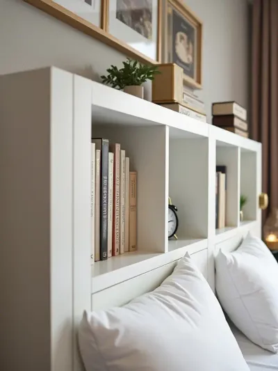 White headboard with built-in shelves holding books and a bedside lamp.