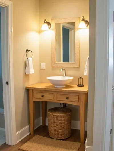 Coastal bathroom featuring a natural wood vanity with white vessel sink, rattan stool, light beige walls, and jute rug, illuminated by warm ambient lighting.