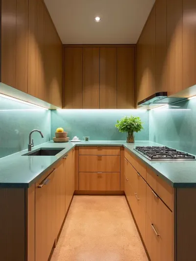 Contemporary kitchen designed with sustainable bamboo cabinets, recycled glass countertops, and cork flooring.