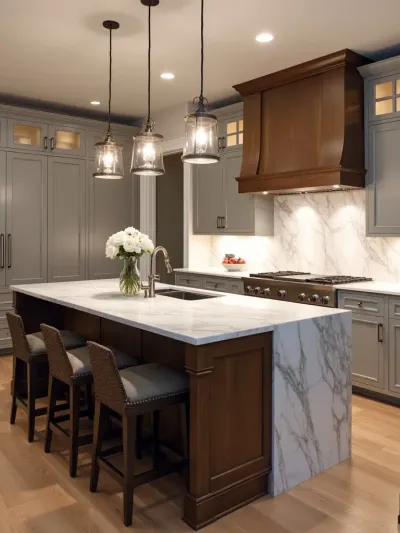 Contemporary kitchen with a large statement island featuring a waterfall countertop and pendant lighting.