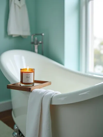 Relaxing coastal bathroom featuring a sea salt scented candle on a bathtub caddy next to a white freestanding tub, set against light blue walls, illuminated by soft, warm lighting.