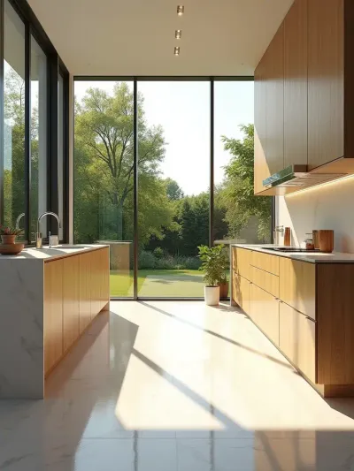 Contemporary kitchen bathed in natural light from large floor-to-ceiling windows.