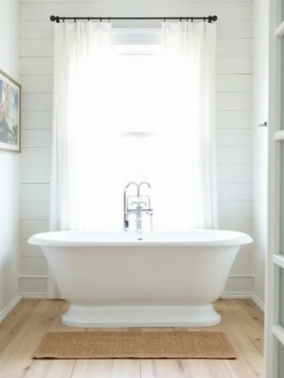 Bright coastal bathroom showcasing a white shiplap wall behind a freestanding bathtub with chrome faucet, complemented by light wood floor and woven rug, illuminated by natural window light.