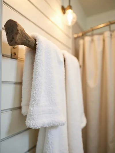 Close-up of a rustic coastal bathroom featuring a driftwood towel bar with white towels, set against a shiplap wall and natural linen shower curtain, illuminated by warm, soft lighting.