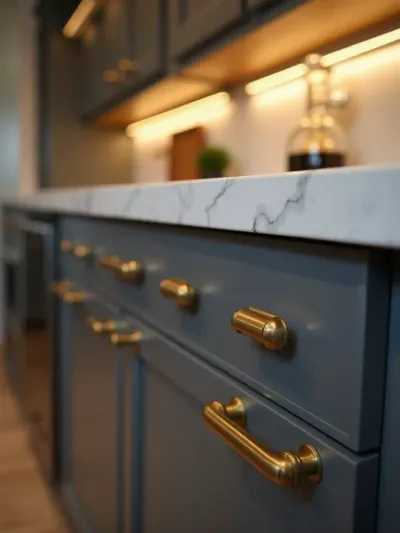 Contemporary kitchen detail showcasing brushed brass cabinet hardware on dark gray cabinets.