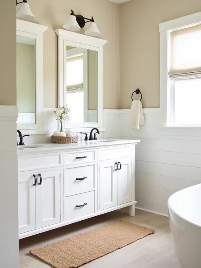 Neutral coastal bathroom showcasing a jute runner rug in front of a white double vanity, complemented by light beige walls and a white shiplap accent wall, illuminated by soft ambient lighting.
