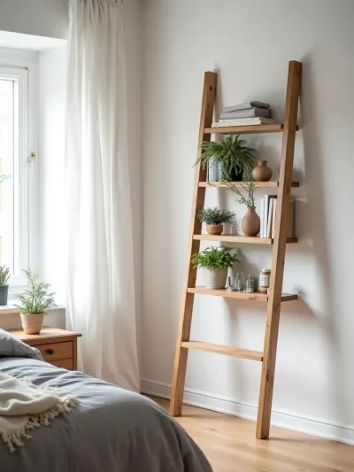 Natural wood leaning ladder shelf displaying books and plants in a modern bohemian bedroom.