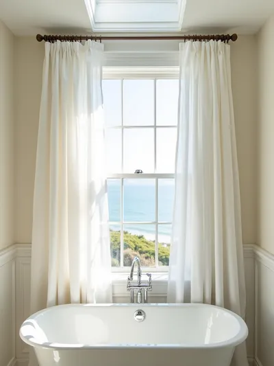 Bright and airy coastal bathroom bathed in strong natural sunlight from a skylight and window, featuring sheer white curtains, a white freestanding tub, and light beige walls, captured from a high angle.