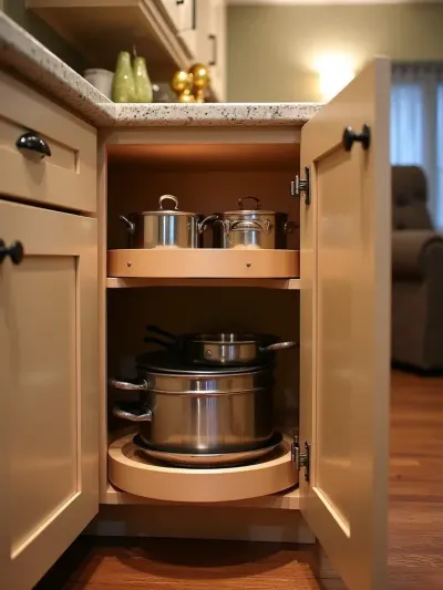 Contemporary kitchen corner cabinet with a two-tier Lazy Susan organizer for efficient storage.