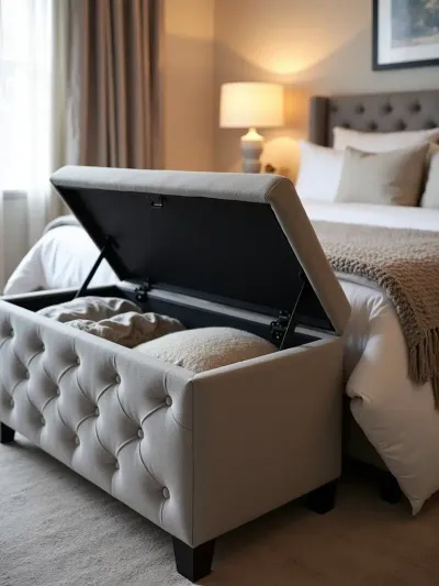 Tufted grey storage ottoman at the foot of a bed with lid partially open revealing blankets.