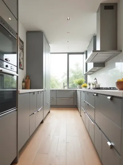 Contemporary kitchen with sleek gray handleless cabinets and J-channel pulls.