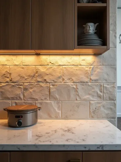 Contemporary kitchen with natural stone backsplash and countertops emphasizing texture.