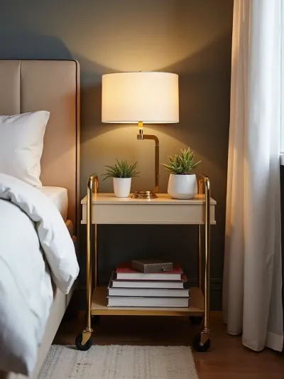 Slim gold rolling cart used as a bedside table in a small stylish bedroom.