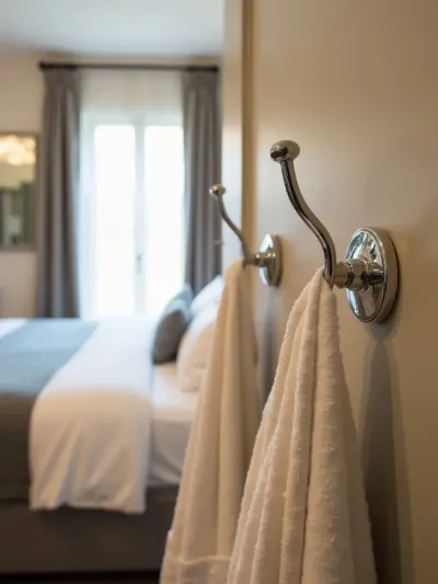 Chrome behind-the-door hooks installed on a bedroom door, holding bathrobes and towels.