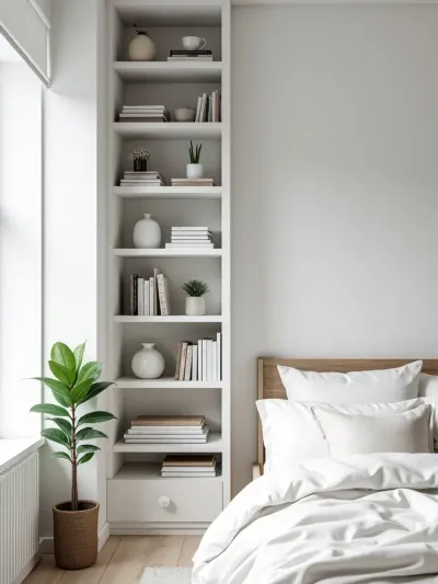 White vertical bookshelf filled with books and decor in a modern, bright bedroom.