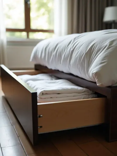 Under-bed storage drawer partially open, revealing folded white linens in a bright bedroom