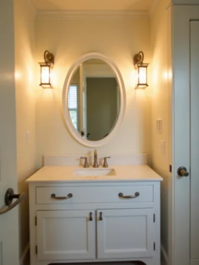 Cozy coastal bathroom vanity area illuminated by warm ambient lighting from lantern sconces flanking a round mirror, featuring a white vanity and light beige walls.