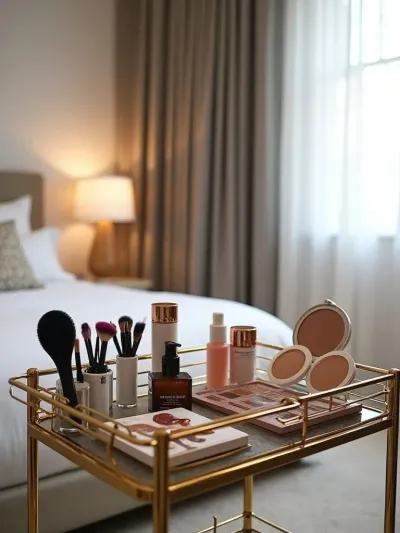 Gold multi-tiered rolling cart used for makeup and skincare organization in a modern bedroom dressing area.
