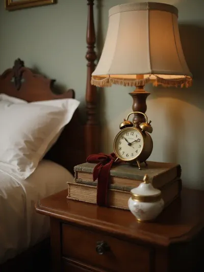 Vintage bedside table featuring a brass alarm clock, stacked books, and a porcelain jewelry box.