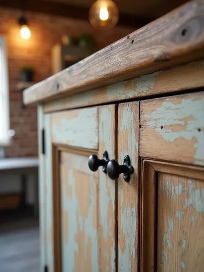 Distressed oak kitchen cabinet with weathered finish and wrought iron pull, showcasing rustic kitchen decor