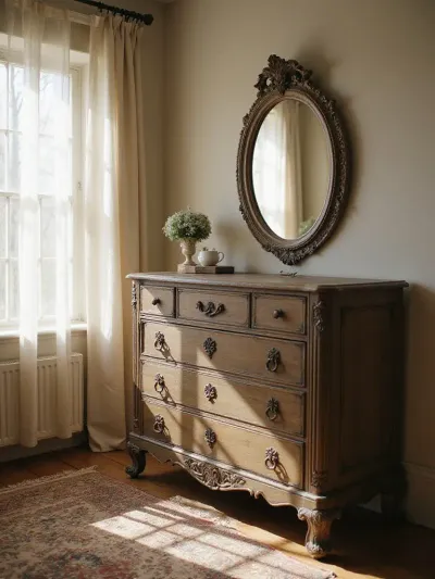 Vintage dresser repurposed as a statement piece in a bedroom.