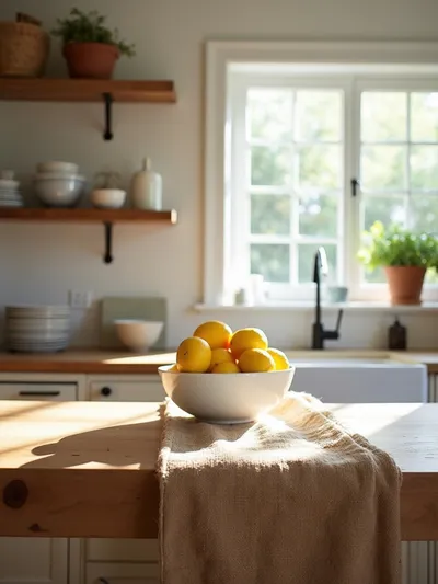 Burlap table runner on a rustic kitchen island, adding texture and charm to the space.