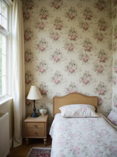 Vintage bedroom with romantic floral wallpaper.