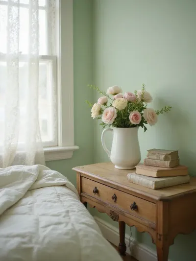 Vintage bedroom with milk glass pitcher filled with roses and peonies