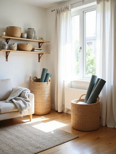Apartment living room with various baskets used for stylish and functional storage.