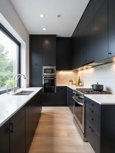 Modern kitchen with sleek black cabinets and bright white countertops