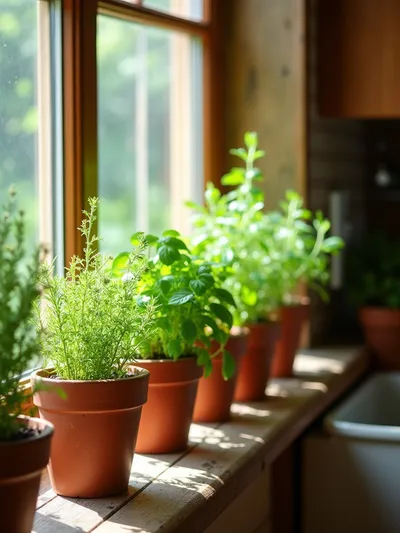 Rustic kitchen windowsill with terracotta pots of fresh herbs