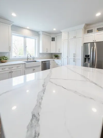 White shaker cabinets paired with Carrara marble countertops in a modern kitchen.
