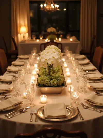 Elegant dining room table setting with white orchid and hydrangea centerpiece