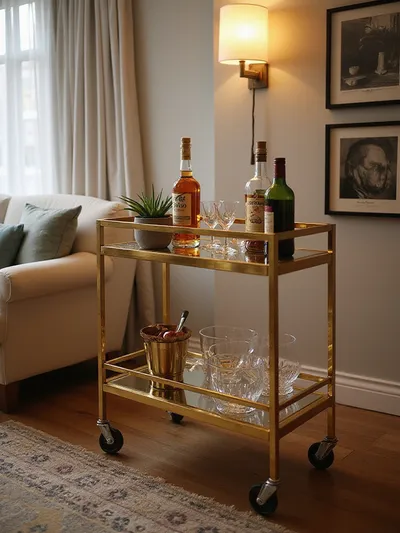 Chic bar cart in apartment living room with liquor bottles and glassware.