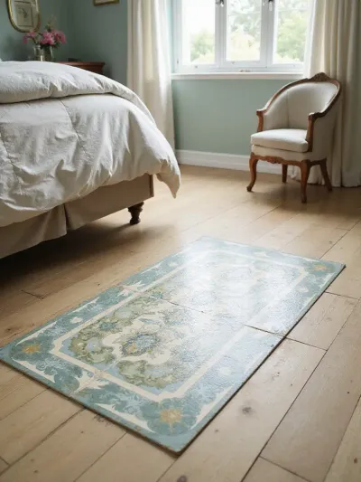 Vintage bedroom with light hardwood flooring and a vintage patterned tile rug near the bed.